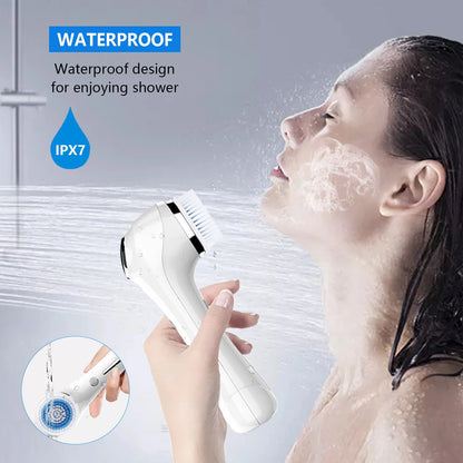 Facial Cleansing Brush, Brush For Exfoliating, IPX7 Waterproof 3 In 1 For Massaging, Deep Cleansing Rechargeable With 4 Brush Head Replacements, White