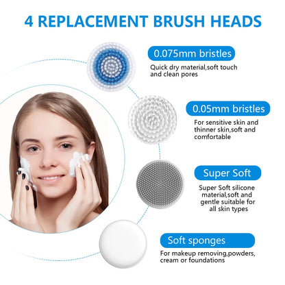 Facial Cleansing Brush, Brush For Exfoliating, IPX7 Waterproof 3 In 1 For Massaging, Deep Cleansing Rechargeable With 4 Brush Head Replacements, White