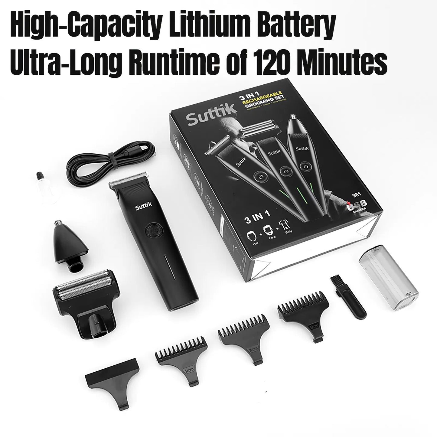 Beard Trimmer, 3 In 1 Hair Clippers And Mens Grooming Kit, Face, Nose, Ear Hair Trimmer - Black