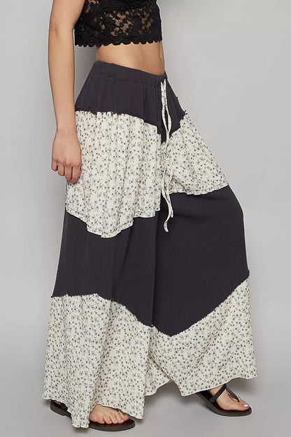 POL Contrast Floral Drawstring Wide Leg Pants