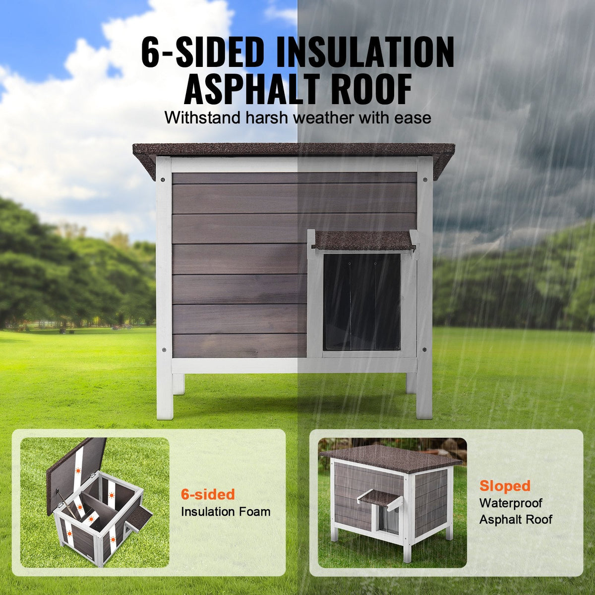 Outdoor Cat House Wooden Feral Cat Shelter With Roof & PVC Door Flaps
