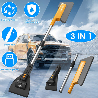 3 in 1 Extendable Snow Brush Ice Scraper and Snow Shovel with LED Lights USB Rechargeable Car Snow Removal Tool