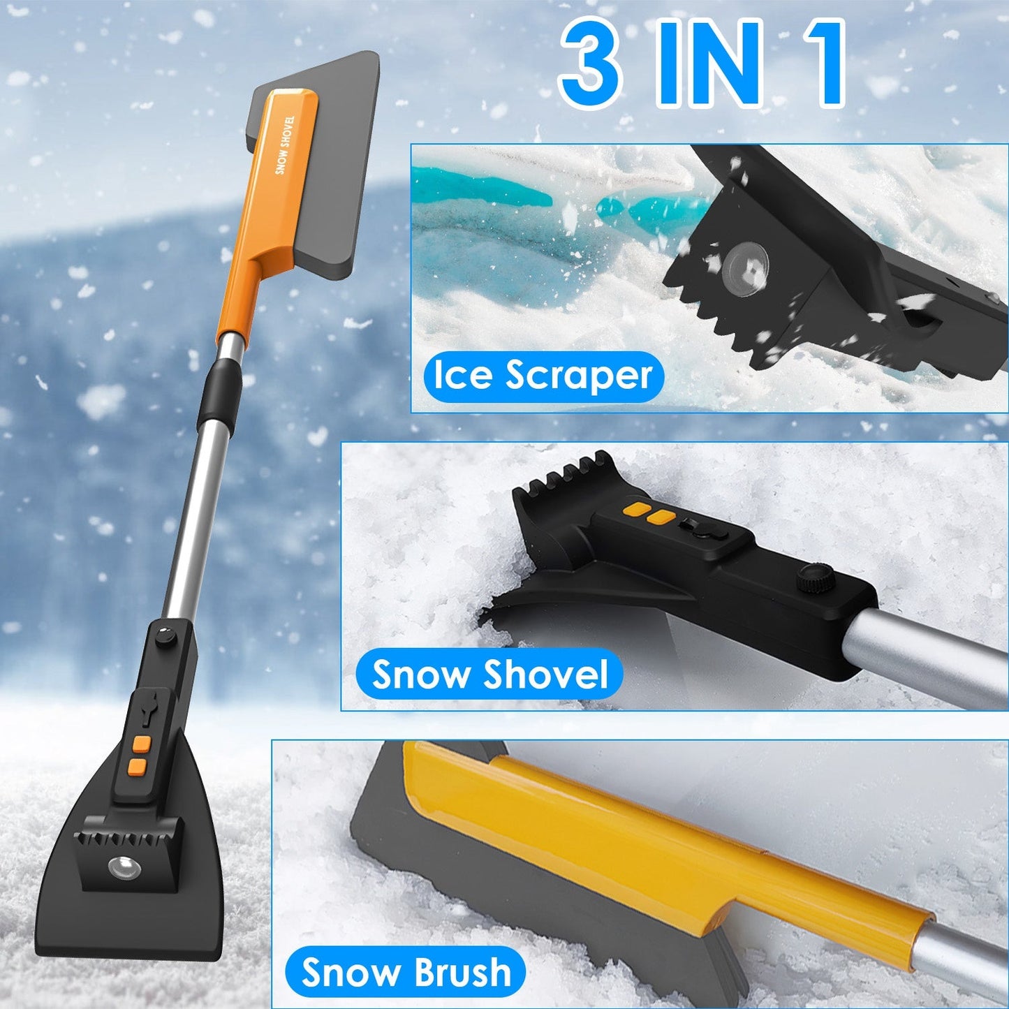 3 in 1 Extendable Snow Brush Ice Scraper and Snow Shovel with LED Lights USB Rechargeable Car Snow Removal Tool