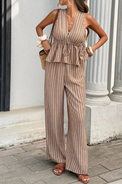 Striped Sleeveless Top and Wide Leg Pants Set