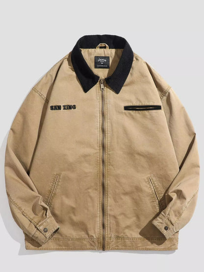 Men's Plus Size Vintage Zipper Front Jacket with Contrast Collar