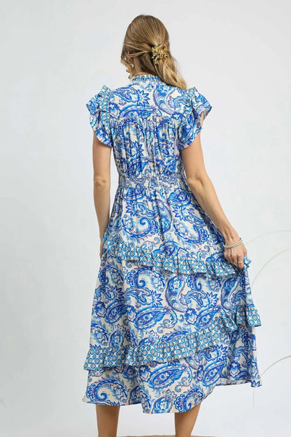 Umgee Paisley Print Ruffle Sleeve Midi Dress