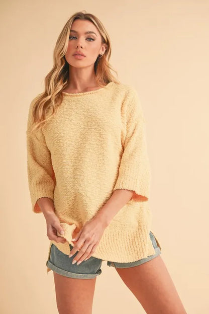Aemi + Co Side Slit Ribbed Hem Round Neck Sweater