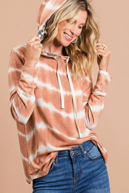 BiBi Tie Dye Stripe Terry Drawstring Hoodie With Leopard