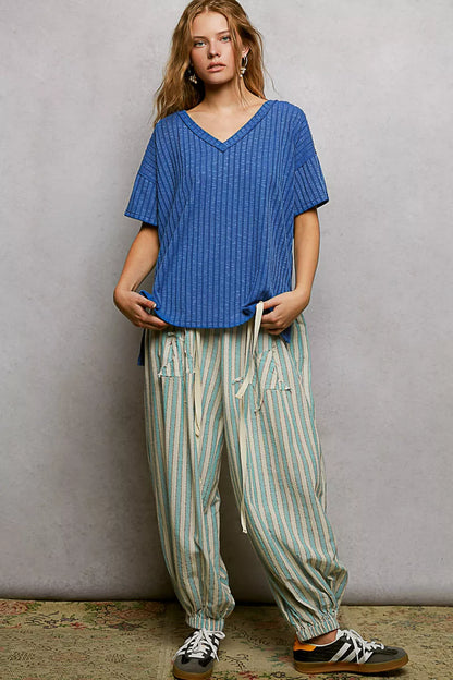 POL Ribbed Knit V-Neck Short Sleeve T-Shirt with Side Slit