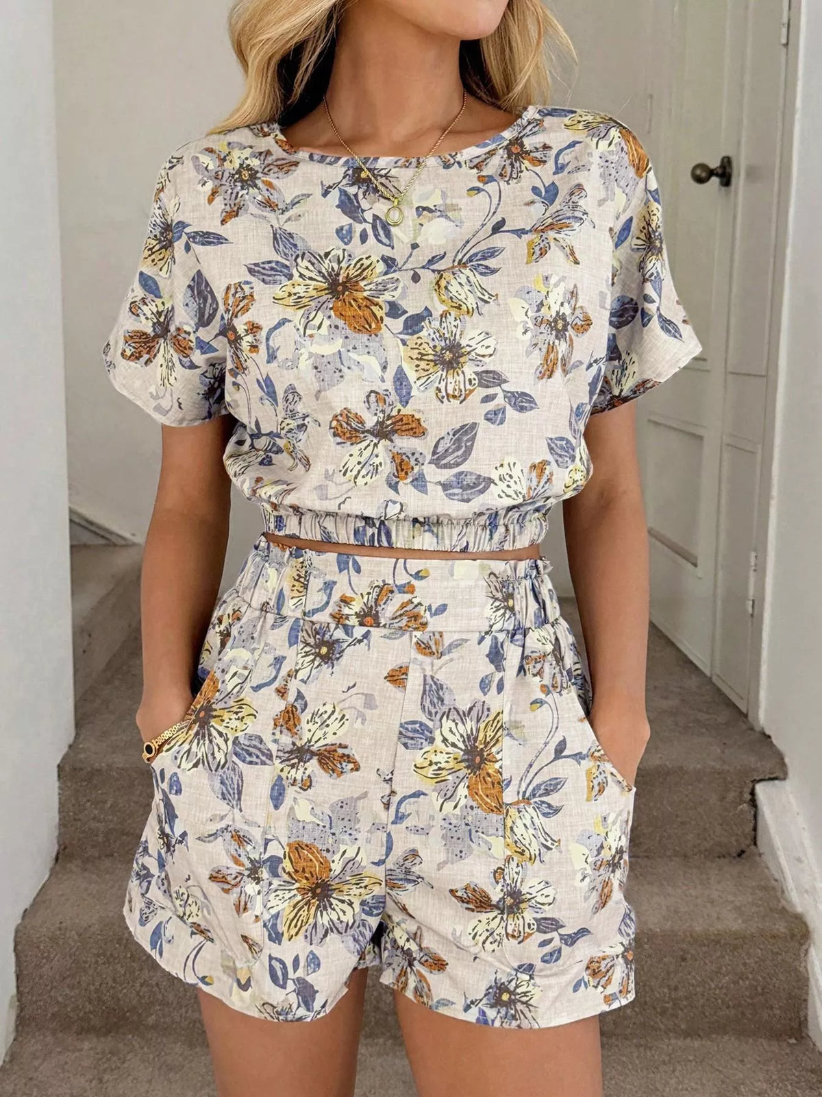Floral Print Crop Top and Shorts Set