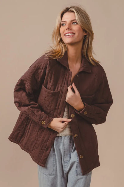 BiBi Quilted Wrinkle Gauze Long Sleeve Shacket
