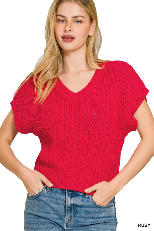 Zenana Textured Knit V-Neck Cropped Sweater