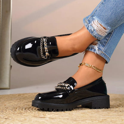 Chain Embellished Round Toe Loafers