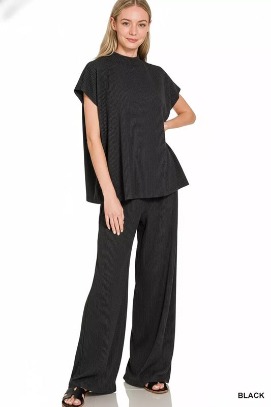 Zenana Raised Rib Short Sleeve Tee & Pants Set