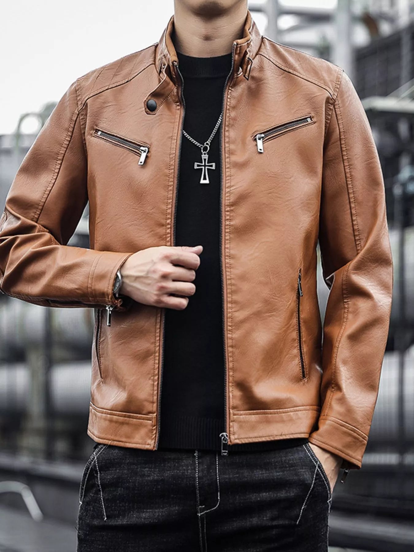 Men's Plus Size Zip Up Leather Jacket