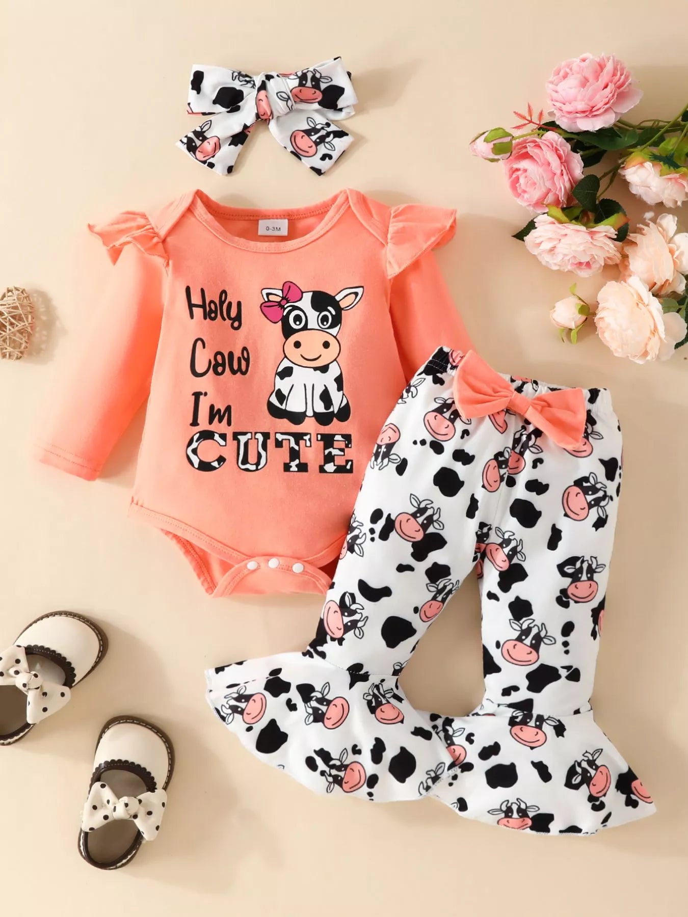 Children's Cow Graphic Ruffle Trim Bodysuit and Pants Set