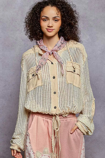 POL Texture Woven Button Down Hooded Shirt with Drawstring Hem