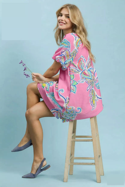 Umgee Boho Floral Print Mini Dress with Pockets