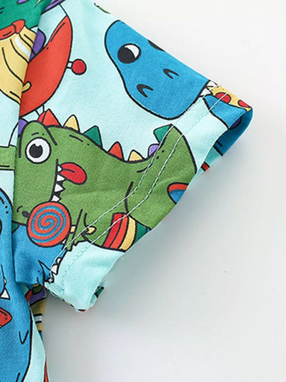 Children's Cartoon Dinosaur Round Neck Top and Shorts Set