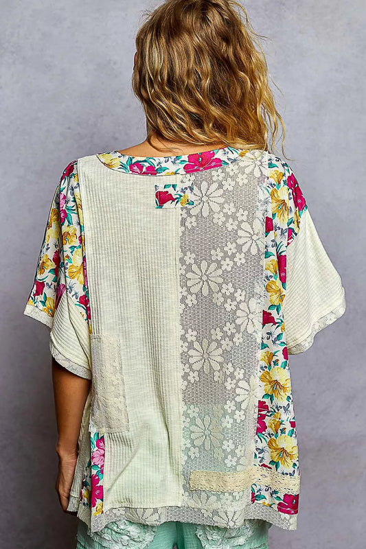 POL Lace Round Neck Short Sleeve Floral Pattern Top with Patch Detail