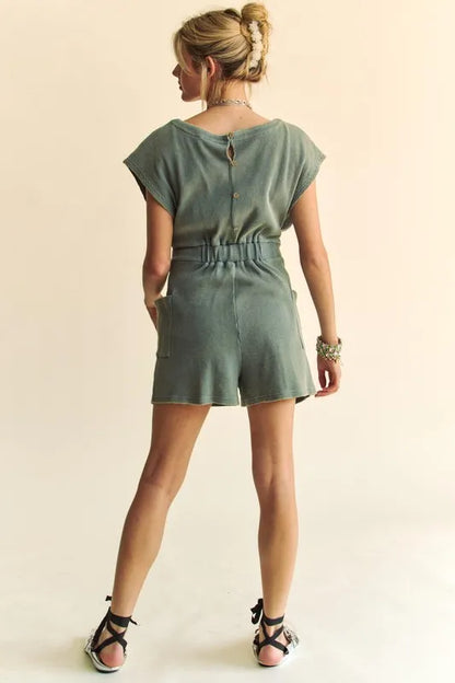 Davi & Dani Acid-Washed Waffle Knit Cuffed Sleeves Romper