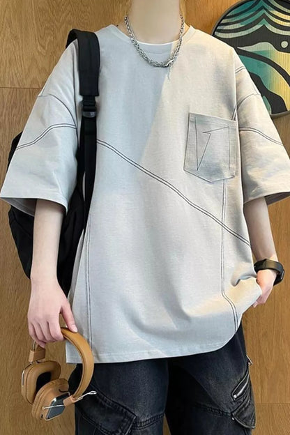 Men's Plus Size Contrast Stitching Oversized Round Neck T-Shirt