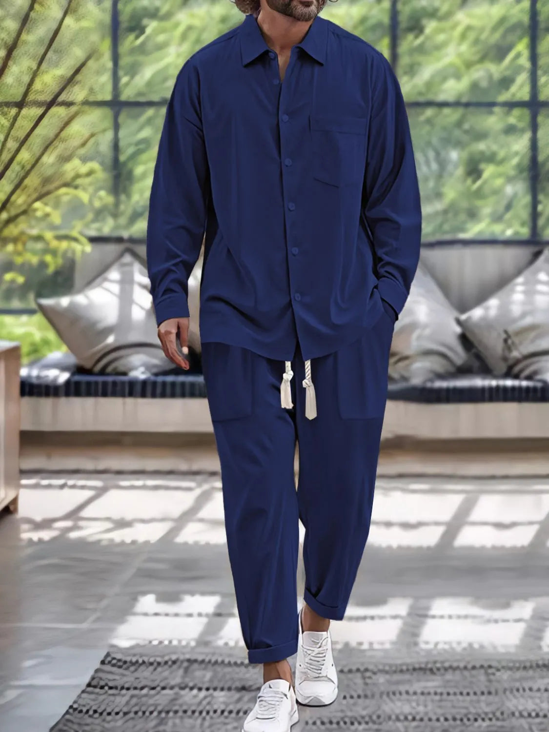 Men's Button Down Long Sleeve Shirt and Pants Set