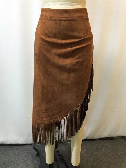 Full Size Suede Fringe Asymmetric Skirt Plus Size