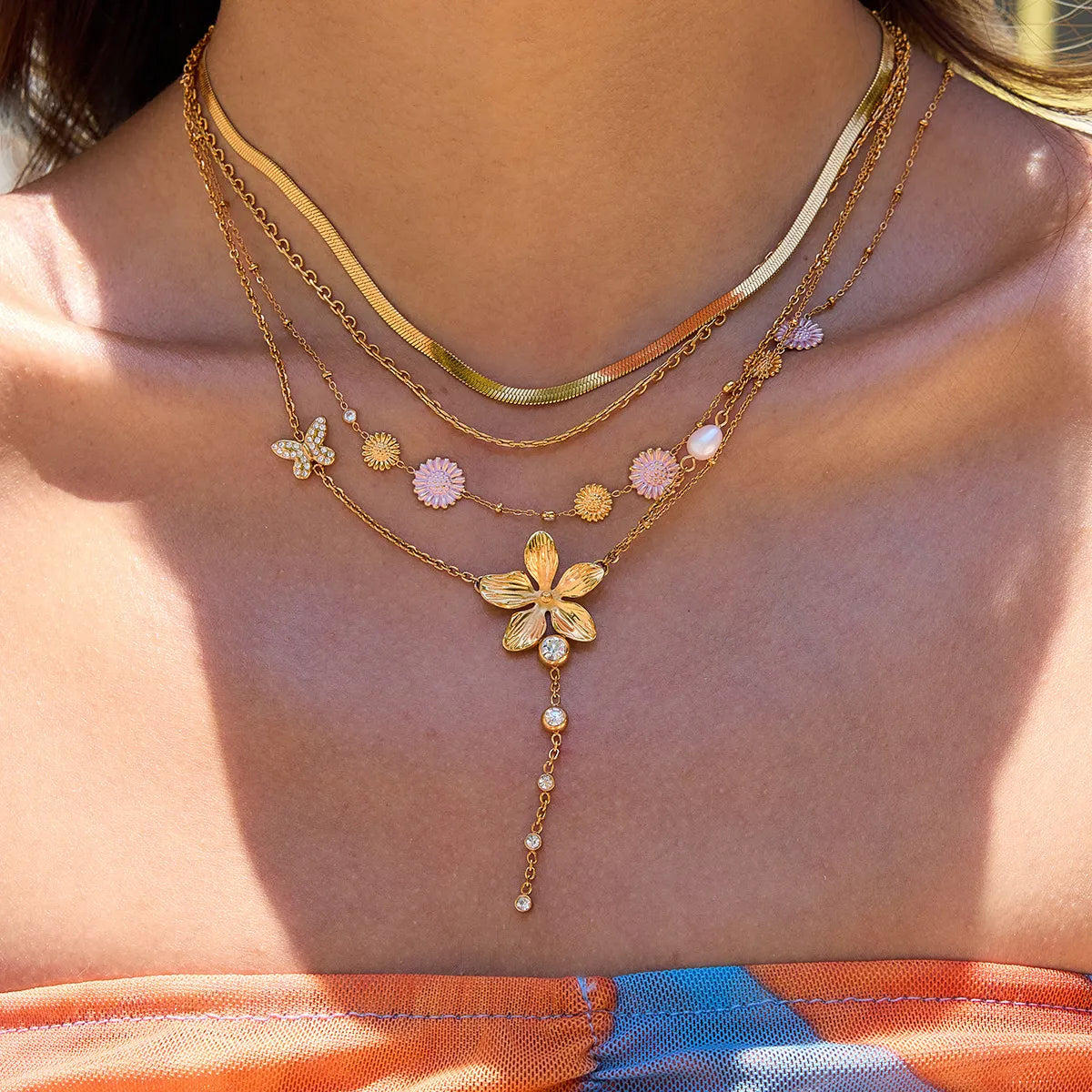 3-Piece 18K Gold-Plated Stainless Steel Flower Necklace