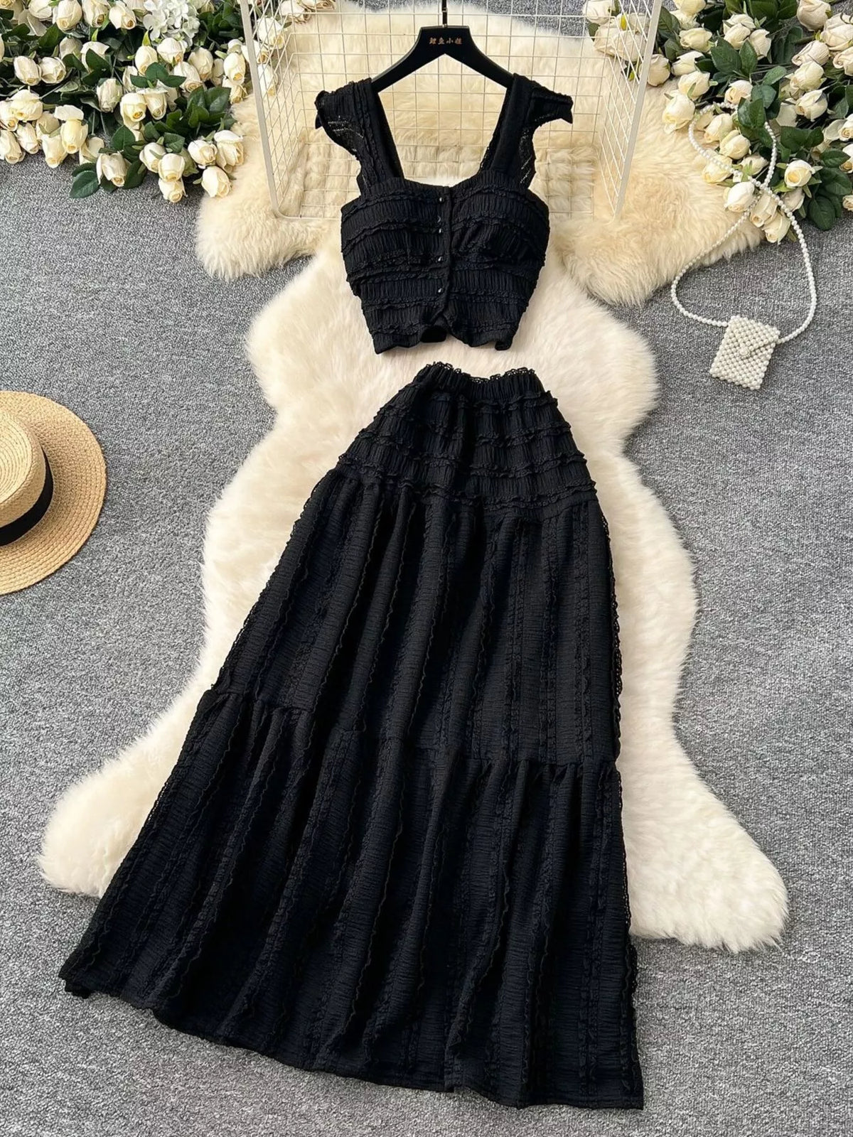 Textured Crop Top and Tiered Skirt Set