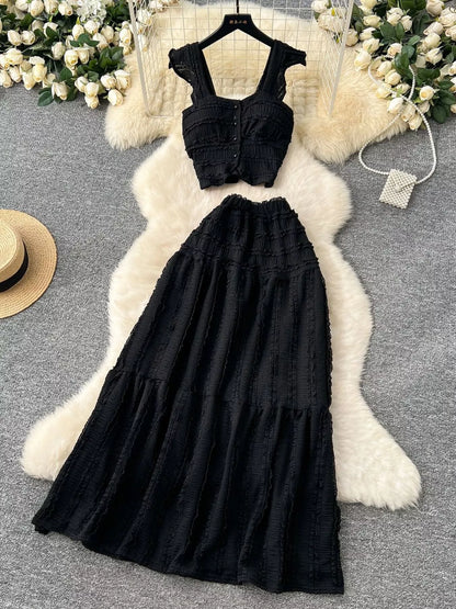 Textured Crop Top and Tiered Skirt Set
