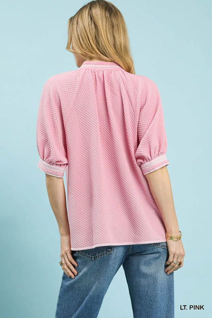 Umgee Textured Jacquard Contrast Trim Top
