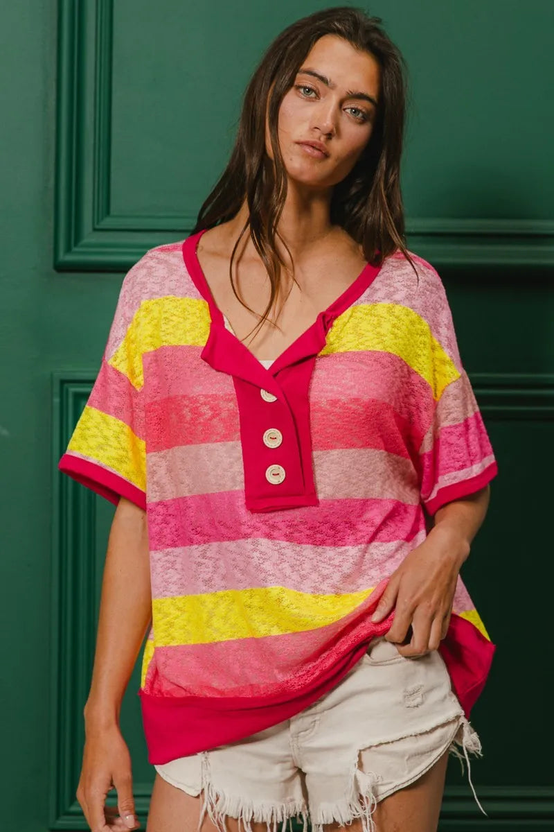 BiBi Multi Color Stripe Hacci Button Detail Ringer Top