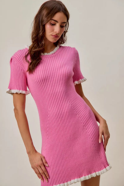 SO ME Contrast Ruffled Sweater Knit Mini Dress