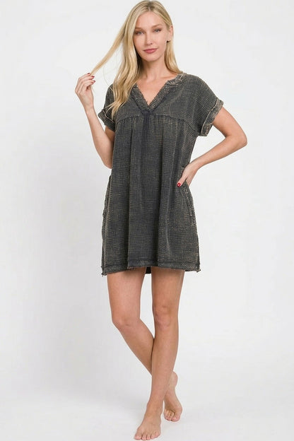 Zenana Washed Double Gauze Raw Edge V-neck Dress