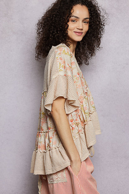 POL Floral Print V-Neck Woven Blouse with Gentle Gathers