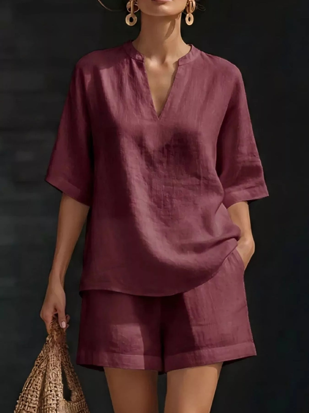 Full Size Notched Half Sleeve Top and Shorts Set Plus Size