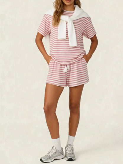 Striped Short Sleeve Tee and Drawstring Shorts Set
