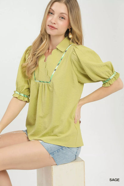 Umgee Scalloped Trim Blouse with Puff Sleeves