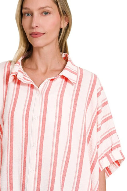 Zenana Woven Yarn-Dye Stripe Oversized Button Down Shirt