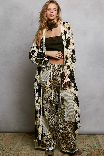 POL Open Front Crochet Longline Cardigan