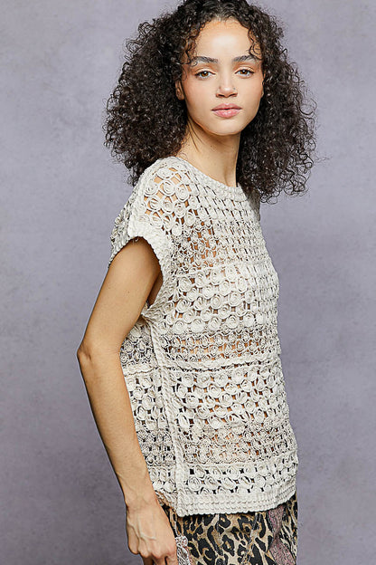 POL Openwork Round Neck Crochet Top