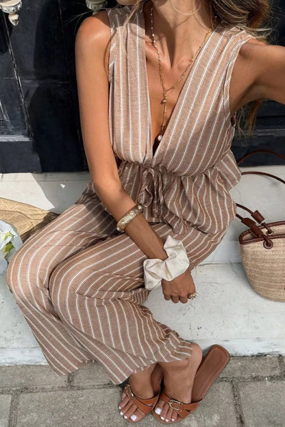Striped Sleeveless Top and Wide Leg Pants Set
