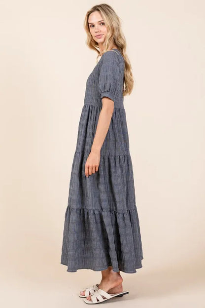 BOMBOM Textured Short Sleeve Tiered Dress