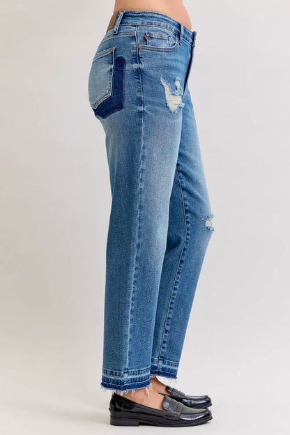 Judy Blue Full Size Mid Rise Bf Patch & Repair Destroy Release Hem Jeans Plus Size