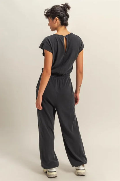 HYFVE Back Keyhole Round Neck Cap Sleeve Drawstring Jumpsuit