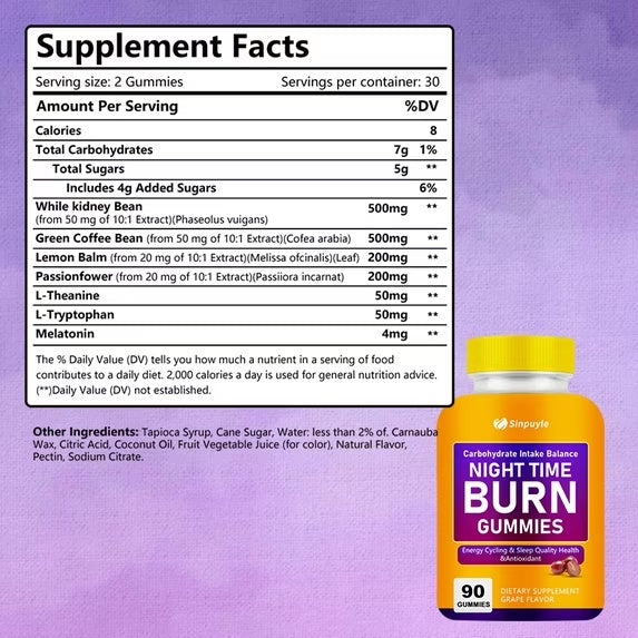 Night Time Burn Gummies, Grape Flavored, Vegan & Gelatin-Free, Supports Carbohydrate Balance & Healthy Metabolism, 90 Gummies
