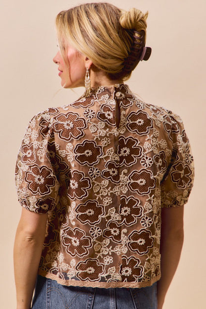 SO ME Texture Floral Mesh Top With Back Button Closure