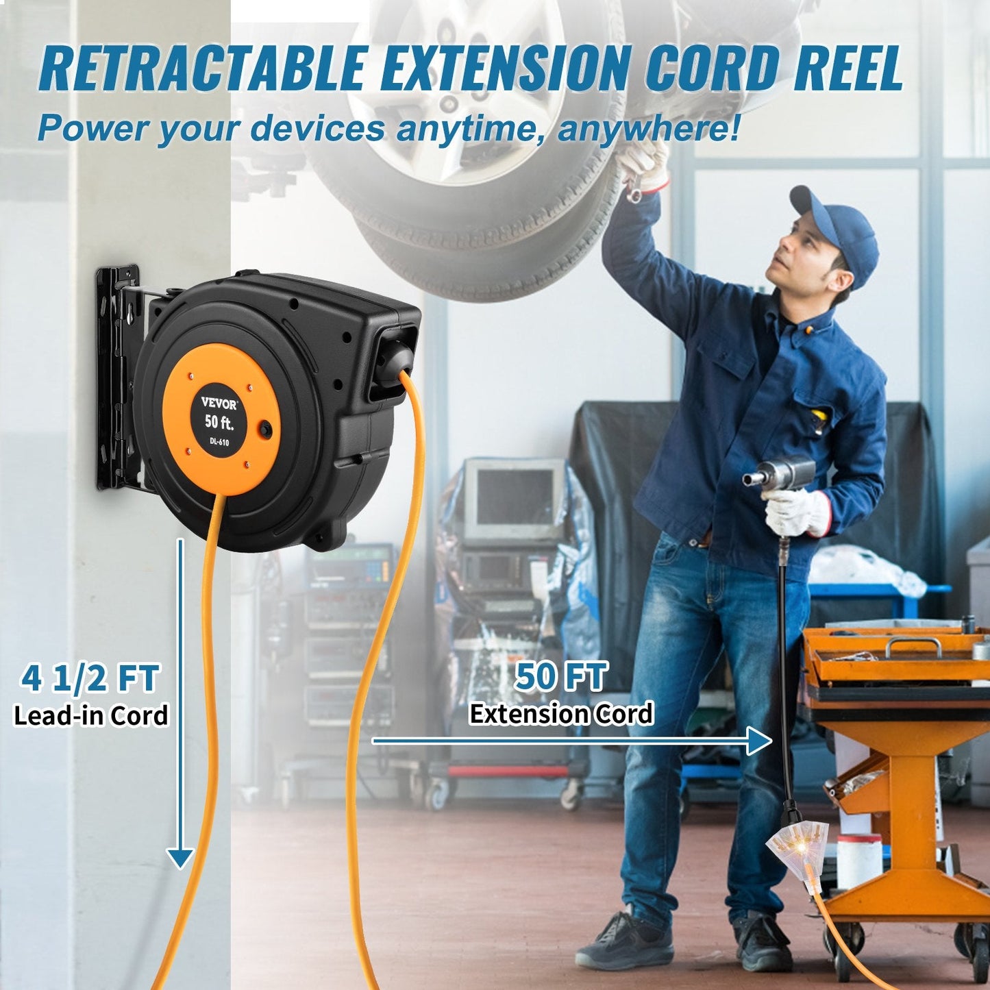 VEVOR 50ft Retractable Extension Cord Reel 14AWG 3CSJTOW Power Cord Reel