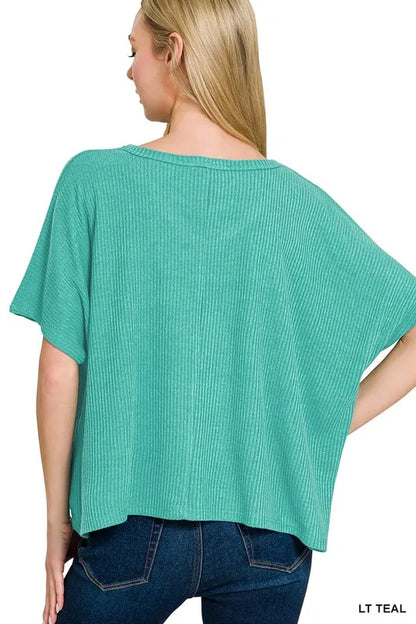 Zenana Ribbed V-Neck Short-Sleeve Knit Top